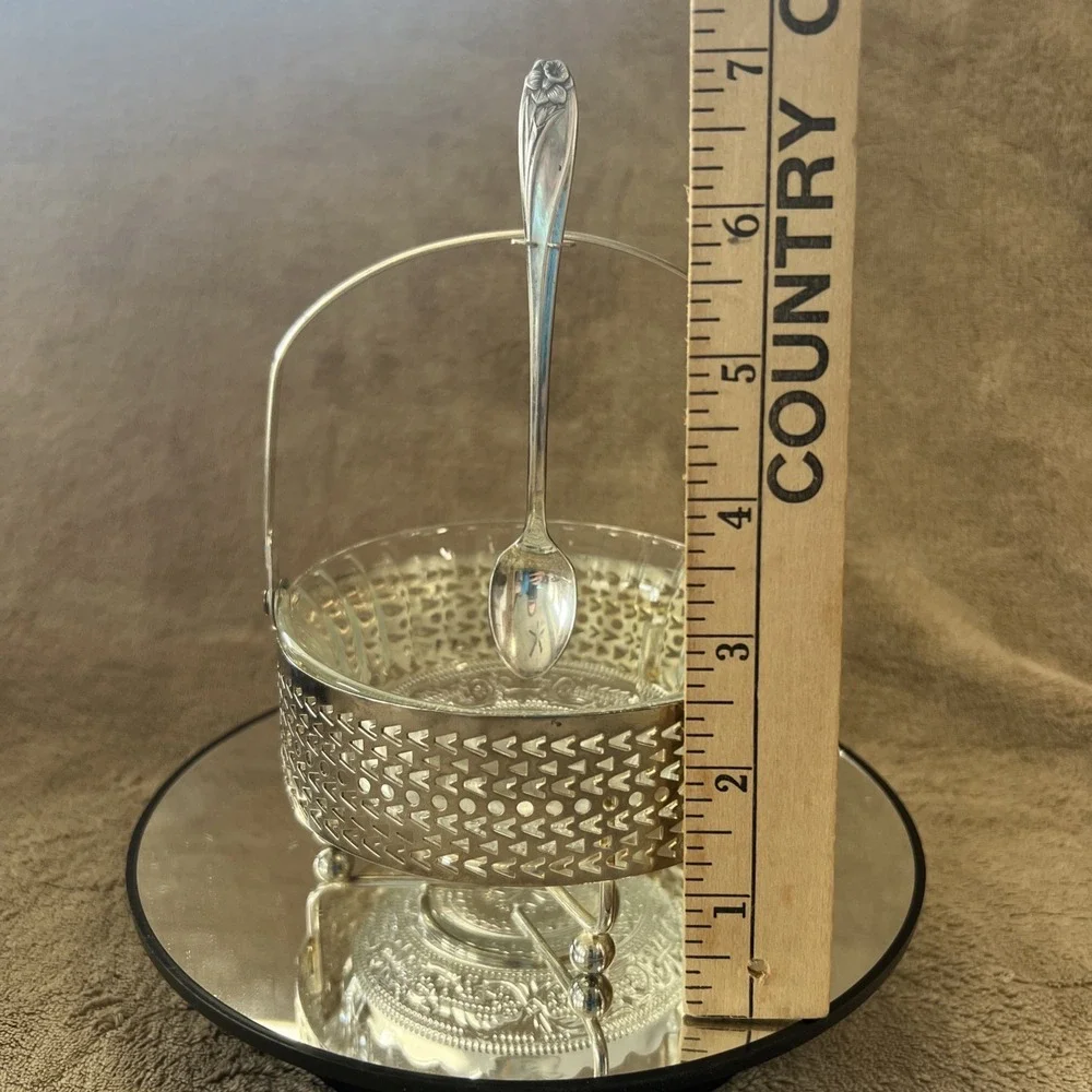 Vintage Glass Relish/Jelly Dish with Stand & 1847‎ Rogers Bros Daffodil Spoon
